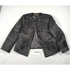 Moshita Couture Blazer Jacket Womens 10 Black Collarless Beaded Embroidered